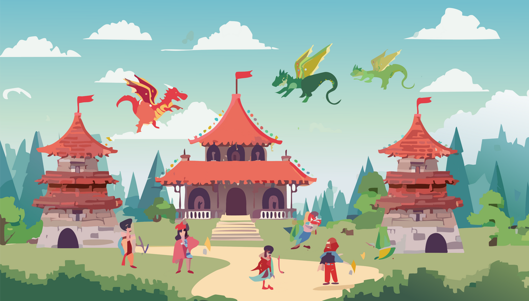 A vibrant and detailed pixel-art scene featuring dragons flying over a medieval fortress, designed for RPG gaming communities, fantasy-themed Discord servers, and Twitch streamers.