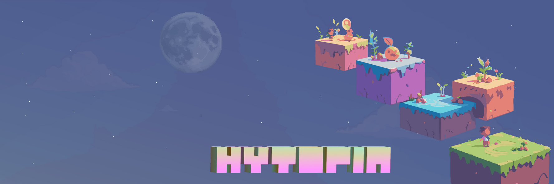 A stunning pixel-art landscape of floating islands under a moonlit sky, designed for fantasy gaming communities, Discord servers, and creative social media profiles.