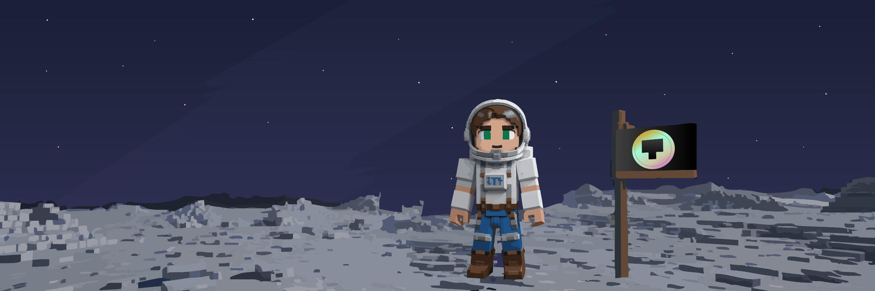 A cosmic-inspired banner featuring an astronaut planting a flag on the moon, ideal for sci-fi and adventure-themed Discord servers, Twitch profiles, and gaming brands.