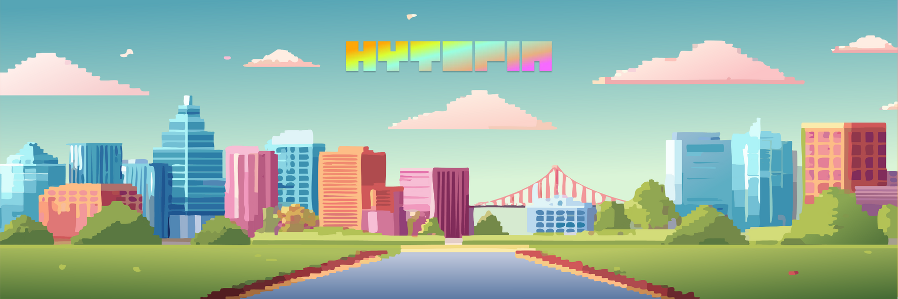 A colorful city skyline banner featuring a mix of modern skyscrapers, a bridge, and lush greenery, designed for gaming communities, creative social media profiles, and Discord servers.